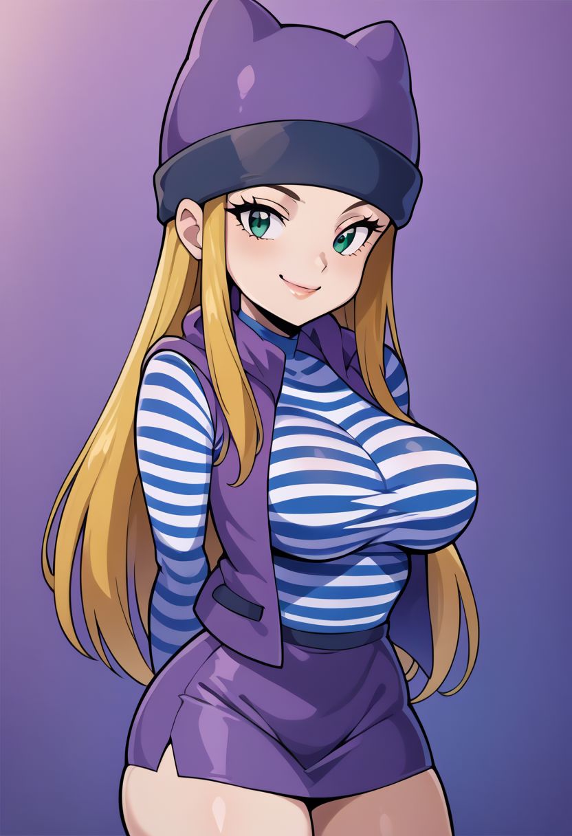 score_9, score_8_up, score_7_up, score_6_up, score_5_up, score_4_up, just describe what you want, tag1, tag2, source_cartoon, rating_questionable, 
zzIzumi, perfect, green eyes, blonde hair, long hair,   purple vest, striped shirt, hat, purple miniskirt, 
, 1girl, beautiful, bedroom eyes, big breasts, big butt, breasts, butt, charming, cleavage, easynegative, elegant, female, flirting, four fingers one thumb,  graceful, hands behind back, legs together, long hair, long legs, looking at you, perfect legs, sexy, show accurate, smiling, solo, standing, tall, thick thighs, thighs, thin waist, voluptuous, white-like-paper skin, white skin, wide hips, Vivid