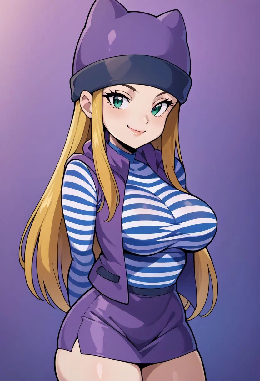 score_9, score_8_up, score_7_up, score_6_up, score_5_up, score_4_up, just describe what you want, tag1, tag2, source_cartoon, rating_questionable,
zzIzumi, perfect, green eyes, blonde hair, long hair, purple vest, striped shirt, hat, purple miniskirt,
, 1girl, beautiful, bedroom eyes, big breasts, big butt, breasts, butt, charming, cleavage, easynegative, elegant, female, flirting, four fingers one thumb, graceful, hands behind back, legs together, long hair, long legs, looking at you, perfect legs, sexy, show accurate, smiling, solo, standing, tall, thick thighs, thighs, thin waist, voluptuous, white-like-paper skin, white skin, wide hips, Vivid