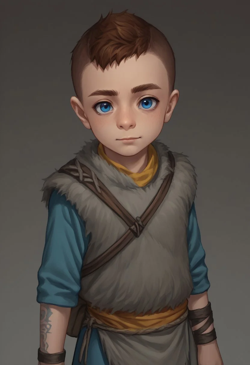 score_9, score_8_up, score_7_up, source_anime, highly detailed, 1boy, solo, cute boy, Atreus, Blue Eyes, auburn Hair, Undercut, Grey Fur Tunic, Brown Boots, Quiver