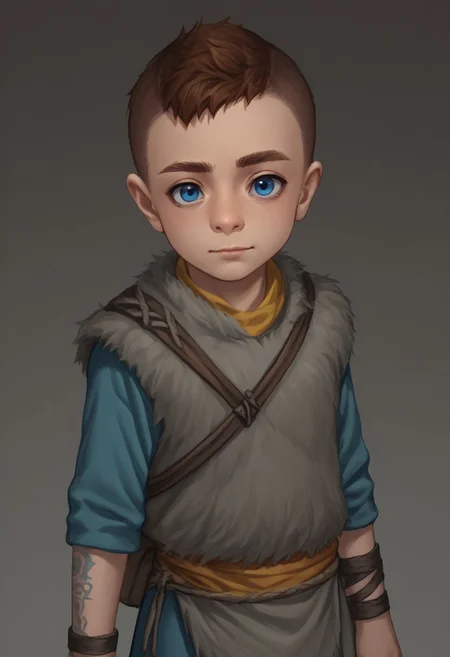 score_9, score_8_up, score_7_up, source_anime, highly detailed, 1boy, solo, cute boy, Atreus, Blue Eyes, auburn Hair, Undercut, Grey Fur Tunic, Brown Boots, Quiver
