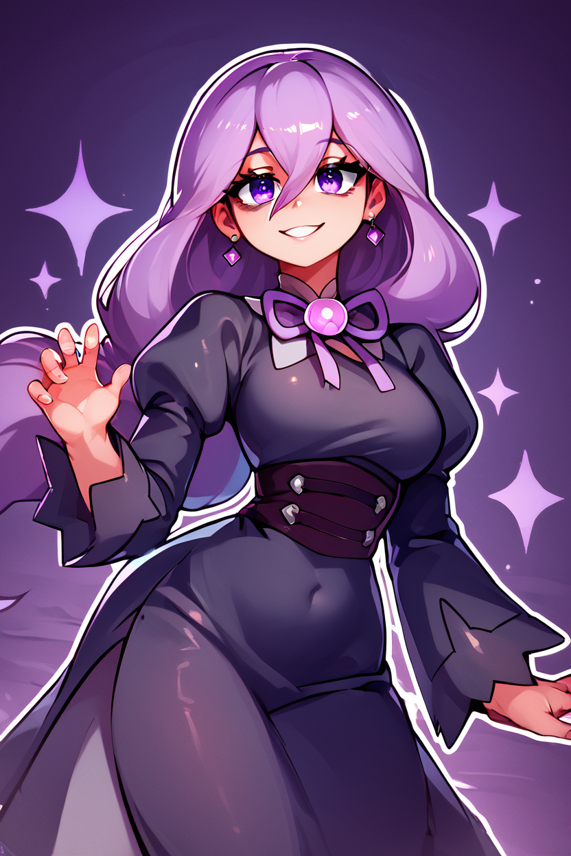 score_9, score_8_up, score_8, medium breasts, (curvy), cute, eyelashes,      ,,,  zzHexyZA, purple eyes, bags under eyes, hair between eyes, long hair, purple hair,   long sleeves, bow, jewelry, black dress, purple dress, black pantyhose, juliet sleeves, purple bow, purple bowtie,  <lora:HexManiacPokemonZA_PDXL:1.0>,   ,,, smile, looking at viewer,  abstract background, white outline,  ,,, embedding:zPDXL, Expressiveh, <lora:CatalystStylePDXL:0.6>,  <lora:SDXLFaeTastic2400:0.5>,  <lora:Expressive_H-000001:0.4>,