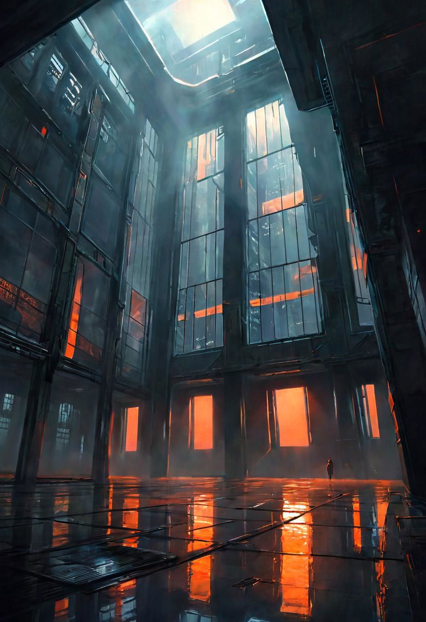 chdmchlwrd, Dark art, Large hall in skyscraper, huge reflecting Window to the ceiling, Rear View, Grey DARK color palette, Point of old orange in the far, 80s DARK dystopian Blade Runner Flair, Lowlight dark Pastel Tone, very Detailed, awesome Quality, reflecting, luminescent, translucent, Ethereal, Aura, Busty naked Motoko Kusanagi, See through dress, Body Silhouette, rainy dystopian Megacity through Window, overslept, shy questioning Look from below, underboob, puffy nipples, giga_busty, Wooly corduroy skirt, high wool stockings, very detailed, uhd, masterpiece, White smoke, light beams through smoke,