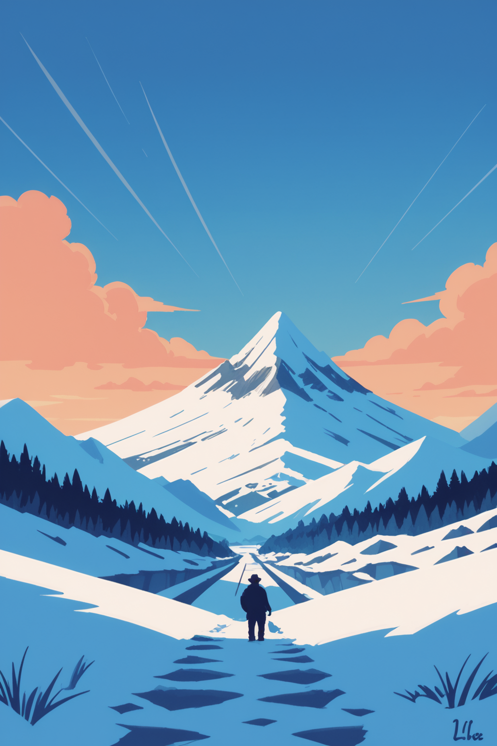 scenery, no humans, outdoors, snow, sky, cloud, mountain, ice, cloudy sky, landscape, zPDXL3,  PnyCmicXLPOS, detailxl,  (lineless, vector art:1.5)