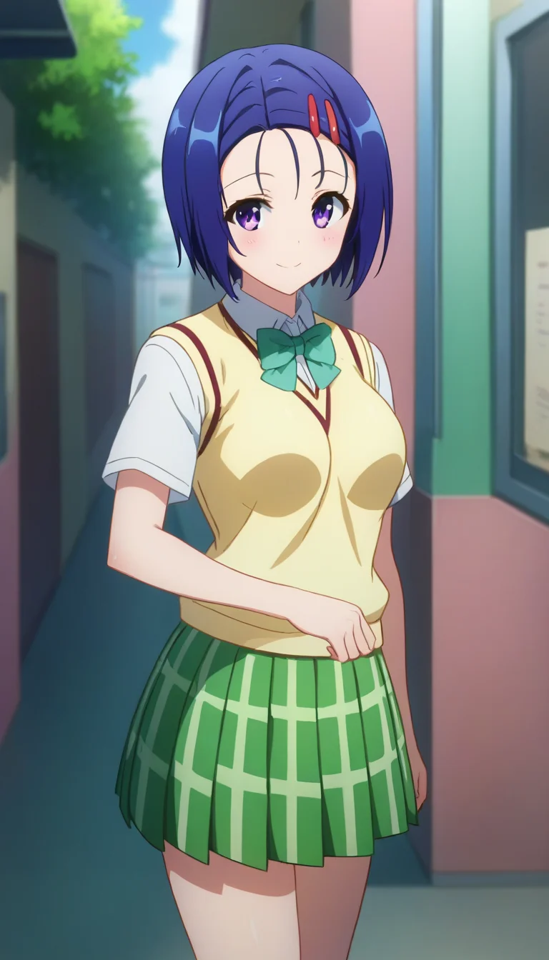 score_9,score_8_up,score_7_up,score_6_up BREAK official art,solo,outdoors,cowboy shot,looking at viewer,facing viewer,smile,blush,Sairenji Haruna,short hair,blue hair,hair ornament,hairclip,forehead,purple eyes,school uniform,sweater vest,yellow vest,white shirt,collared shirt,green bowtie,short sleeves,medium breasts,miniskirt,green skirt,plaid skirt,pleated skirt,black socks,loafers,<lora:Sairenji Haruna(tlr)-Pony:1.6>,