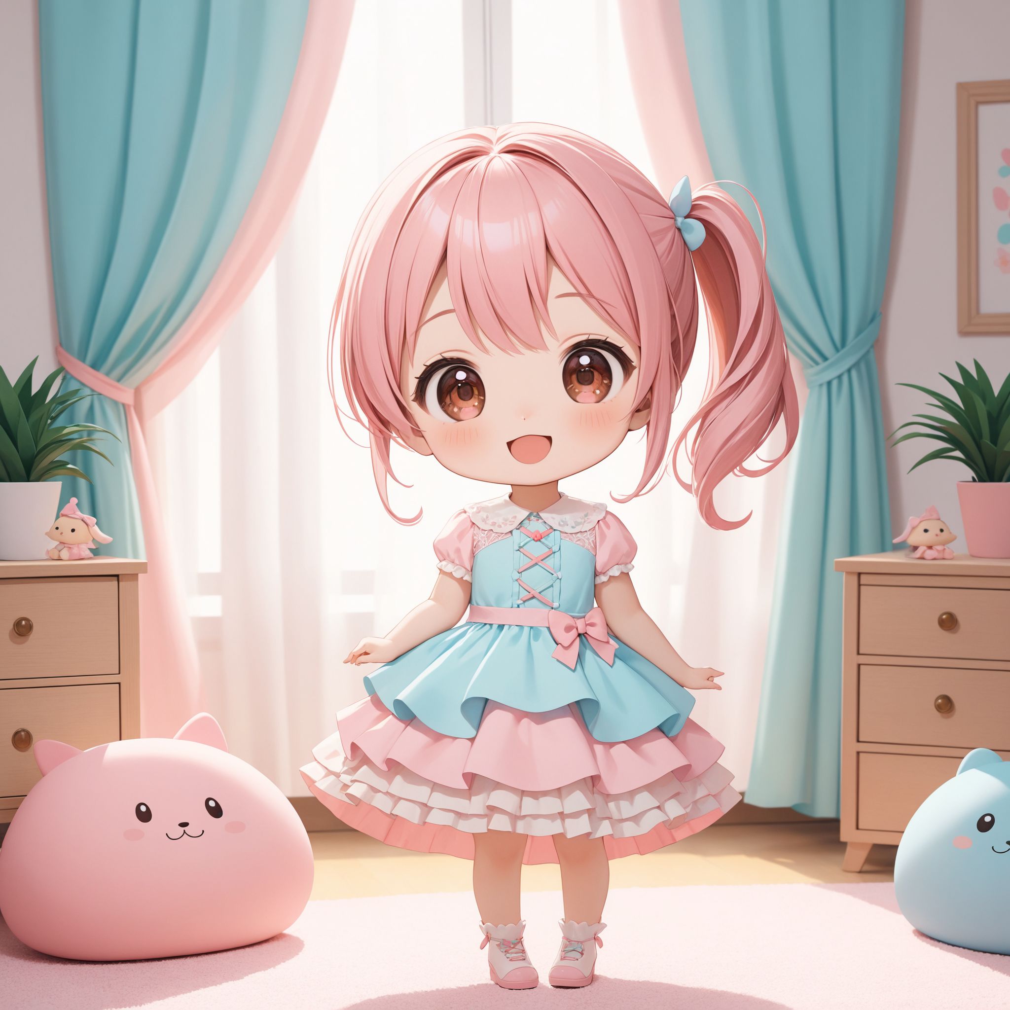 SceneDescription:
  - Composition: Full body shot. Cinematic angle.
  - Subject: A cute girl.
    - Characteristics:
      - Hair: Pastel pink side ponytail.
      - Eyes: Brown eyes.
      - Clothing: Pastel cute layered dress.
      - Expression: Amused expression. Open mouth.
      - Posing: Dynamic pose. Looking at viewer.
  - Background: Pastel cute room.
    - Elements: Decorative plants. Pastel curtains.
ArtStyle: Chibi. Deformed. Cute style.
Quality: Intricate details. Extremely detailed. Outstanding intricacies. (Masterpiece:1.2). (Best quality:1.2). (Absurdres absolutely resolution:1.4).
Mood: Serene atmosphere.