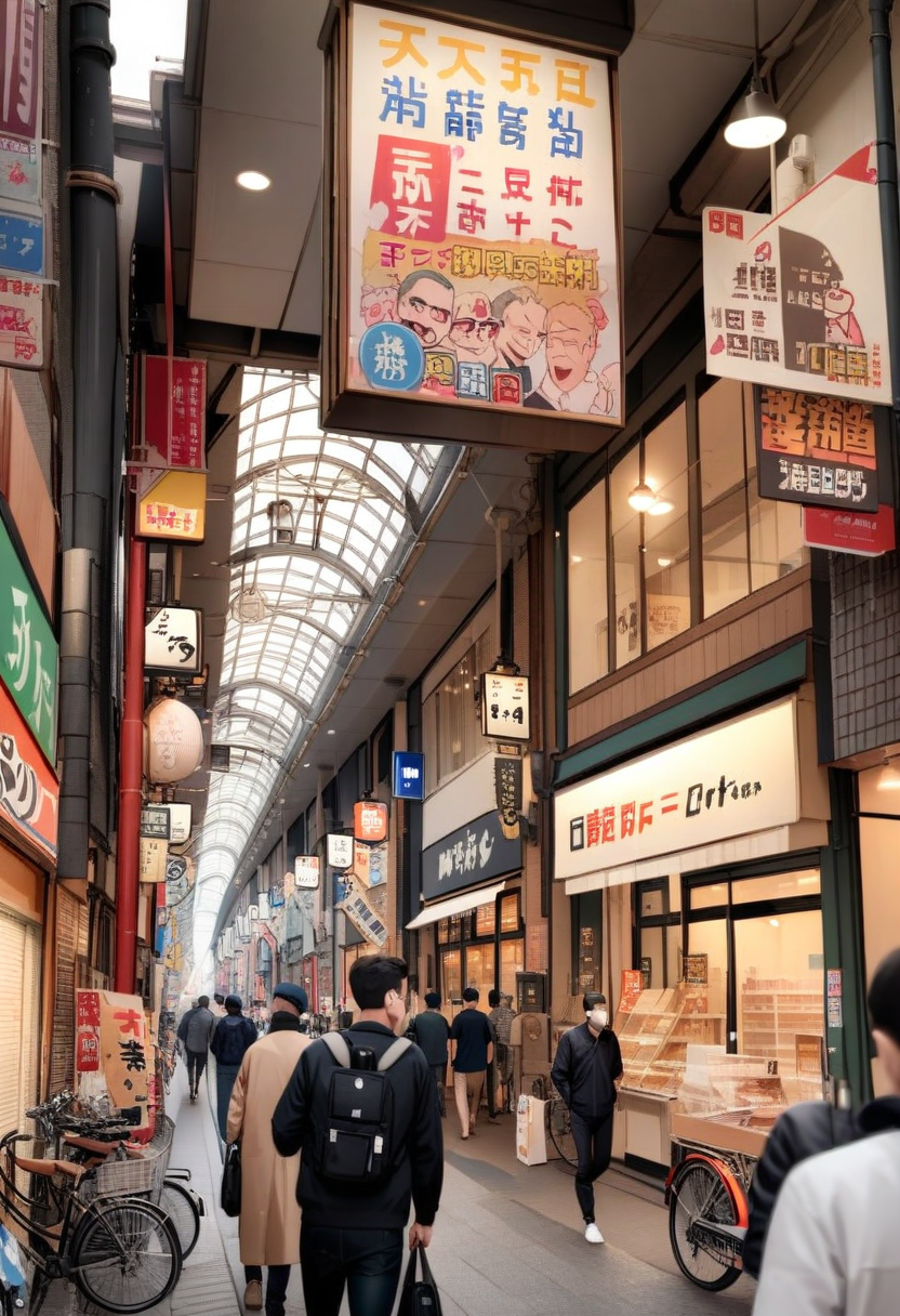 masterpiece, best quality, very aesthetic, absurdres,
bicycle, scenery, ground vehicle, poster (object), sign, shop, real world location, street, 6+boys, multiple boys, road, city, storefront, bag
 <lora:tenjinbashisuji_syotengai_SDXL_V1:1>