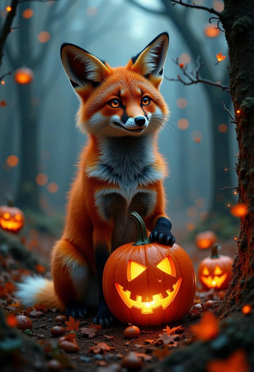 Glowing Steampunk Halloween, hyper realistic photography of a beautiful fox in an enchanted wonderland