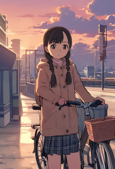 <lora:comiclo_a31:1>,1girl, solo, ground vehicle, bicycle, skirt, hood, sky, long hair, outdoors, cloud, bicycle basket, brown hair, hood down, twintails, braid, sunset, twin braids, hair over shoulder, long sleeves, hoodie, jacket, looking at viewer, coat, brown eyes, standing, city, pleated skirt, closed mouth, building, hooded jacket, motor vehicle, black hair, plaid skirt, plaid, scenery, bangs