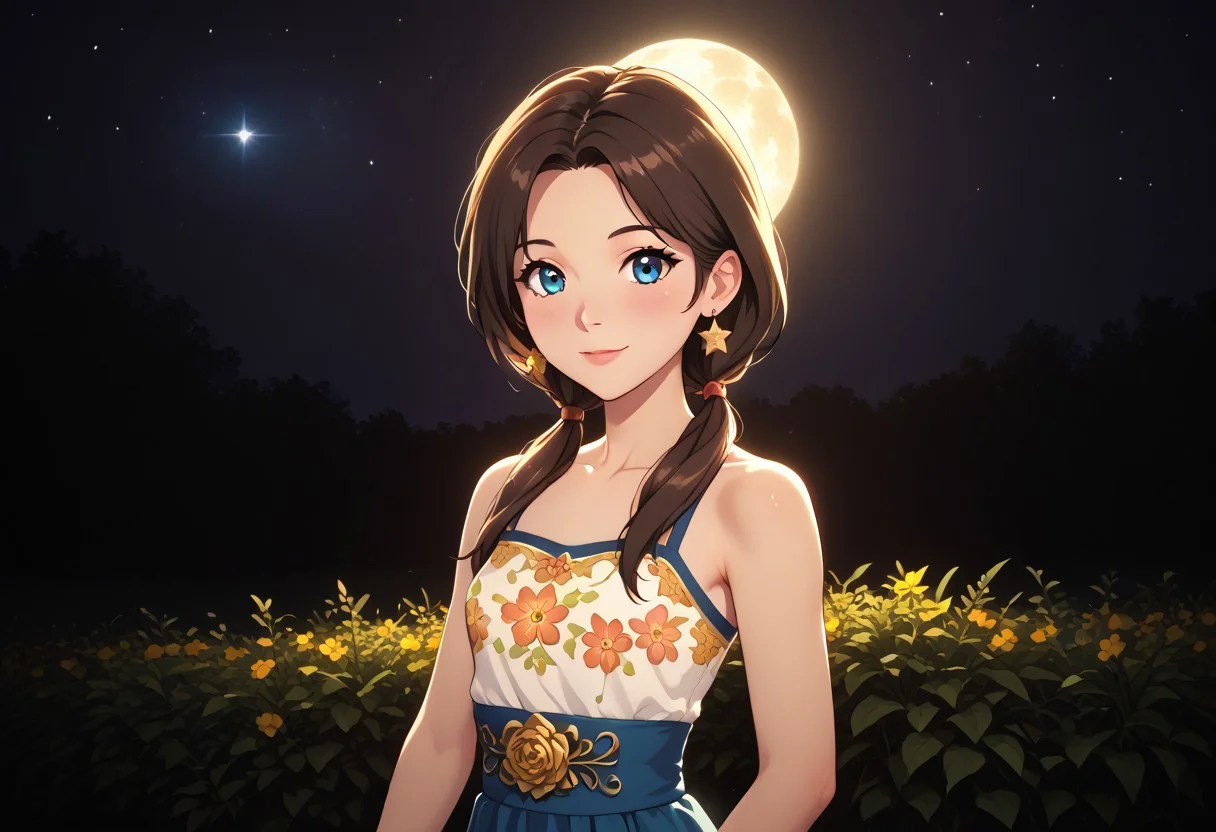 (masterpiece:1.5), 8k, best quality, ultra-detailed, (high res), cinematic lighting, beautiful lighting, high quality, studio quality, detailed, insanely detailed, extreme detail, refined detail, perfect detail, max detail, smooth lighting, detailed background, hyper detailed body, beautiful lighting, vibrant lighting, global illumination, absurdres, high-res, dynamic lighting, score_9, score_8_up, score_7_up, ponypositive, 1girl, looking at viewer, (narrow waist, skinny, small body, slim), (outdoors, floral garden), bright lighting, daylight, sunshine, cute, kawaii, (closed mouth), happy, ((standing)), alone, gleaming eyes, large eyes, ((cowboy shot)), (hands at the sides), (rating_safe, sfw), source anime, <lora:xl_more_art-full_v1:0.8> , PonyXLV6_Scores, unity 8k wallpaper, perfect anatomy, <lora:PerfectEyesXL:1> , perfect eyes, <lora:hand 5.5:1> , perfect hands, detailed hands, winnie, furry female, brown fur, blue eyes, low twintails, earrings, chibi, night, starry skies, moonlight, large Moon,