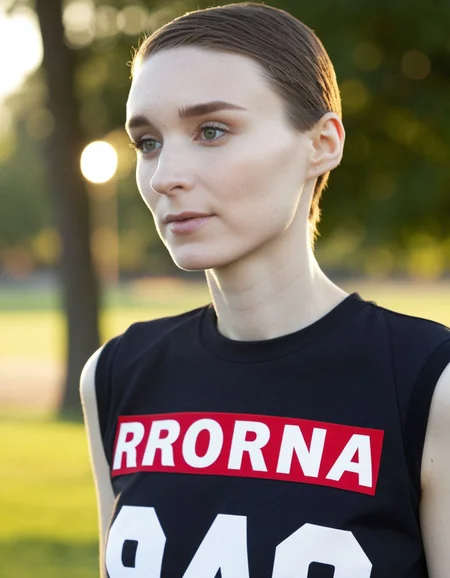 score_9, score_8_up, 1girl, rooney mara, wearinga a black band shirt, upper body shot, at a park,  Bokeh, Golden Hour, raw <lora:dmd2_sdxl_4step_lora_fp16:1> <lora:rooney-mara-bd:1>