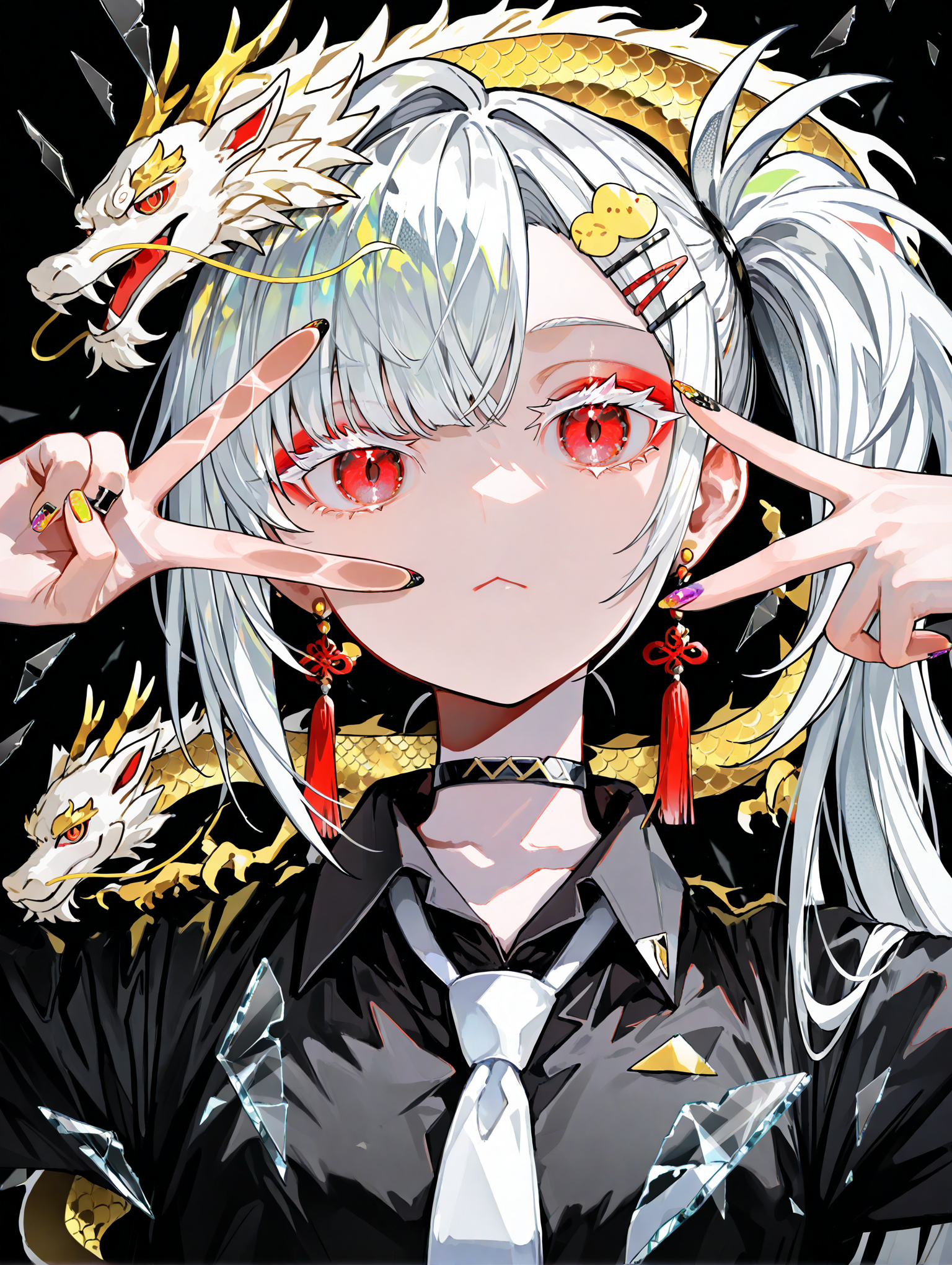 tcs,1girl,solo,white hair,long hair,side ponytail,red eyes,asymmetrical bangs,expressionless,jitome,red eyeshadow,colored eyelashes,:<,hairclip,tassel earrings,choker,collared shirt,black shirt,white necktie,jewelry,nail polish,multicolored nails,v over eye,looking at viewer,broken glass,glass shards,glass strips,refraction,colorful refraction,shadow,eastern dragon,overexposure,halftone,black background,masterpiece,best quality,newest,absurdres,highres,very awa,<lora:tcs_style_v2_ilxl_lokr:1>,