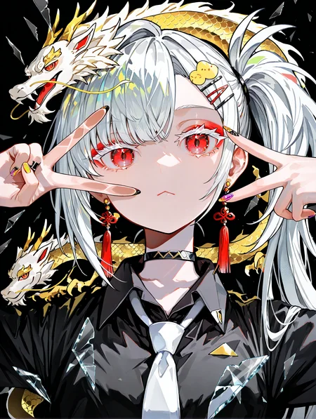 tcs,1girl,solo,white hair,long hair,side ponytail,red eyes,asymmetrical bangs,expressionless,jitome,red eyeshadow,colored eyelashes,:<,hairclip,tassel earrings,choker,collared shirt,black shirt,white necktie,jewelry,nail polish,multicolored nails,v over eye,looking at viewer,broken glass,glass shards,glass strips,refraction,colorful refraction,shadow,eastern dragon,overexposure,halftone,black background,masterpiece,best quality,newest,absurdres,highres,very awa,<lora:tcs_style_v2_ilxl_lokr:1>,