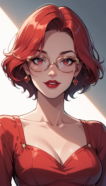 score_9, score_8_up, score_7_up, Western Comics, Portrait, girl, tunisian, cute, seductive, innocent, light smile:0.3, plump lips, slender body, short hair, slender, red lips, wearing glasses, wearing high detailed red dress, flirting, soft light passing through hair, side lighting, reflected light, depth of field, dynamic angle, fashion photography, sharp, hyperdetailed:1.15