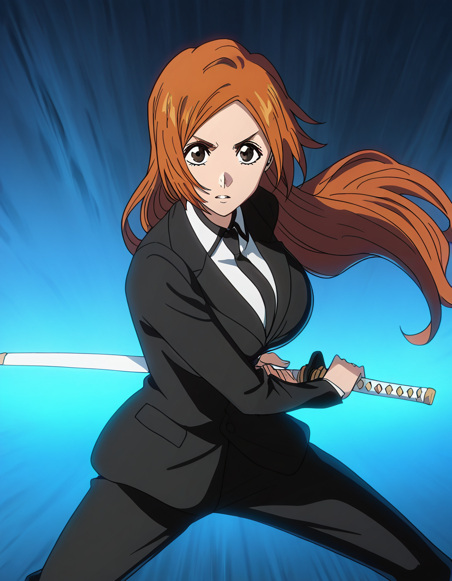 masterpiece, best quality, newest, absurdres, highres, safe,, <lora:inoue-orihime-tybw-ponyxl-lora-nochekaiser:1>, inoue orihime, long hair, orange hair, brown eyes, large breasts,, <lora:battoujutsu-stance-illustriousxl-lora-nochekaiser:1>, battoujutsu stance, looking at viewer, holding, weapon, sword, holding weapon, holding sword, standing, katana, sheath, sheathed, fighting stance, ready to draw, shirt, long sleeves, jacket, white shirt, necktie, collared shirt, pants, black jacket, floating hair, black pants, formal, suit, black necktie, black suit, pant suit,, ,