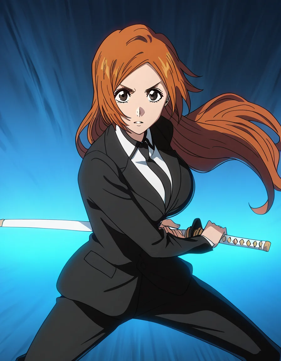 masterpiece, best quality, newest, absurdres, highres, safe,, <lora:inoue-orihime-tybw-ponyxl-lora-nochekaiser:1>, inoue orihime, long hair, orange hair, brown eyes, large breasts,, <lora:battoujutsu-stance-illustriousxl-lora-nochekaiser:1>, battoujutsu stance, looking at viewer, holding, weapon, sword, holding weapon, holding sword, standing, katana, sheath, sheathed, fighting stance, ready to draw, shirt, long sleeves, jacket, white shirt, necktie, collared shirt, pants, black jacket, floating hair, black pants, formal, suit, black necktie, black suit, pant suit,, ,