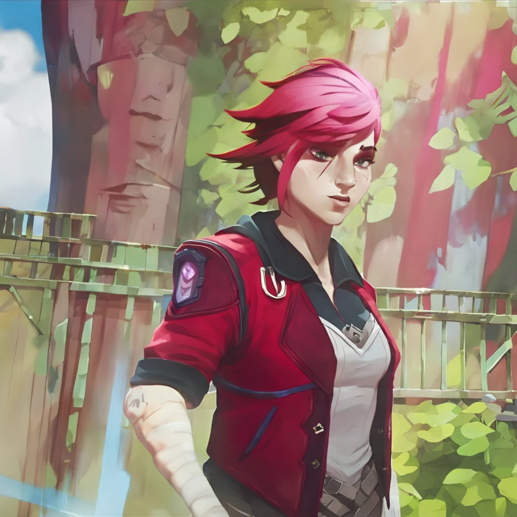 arcane, vi, red hair, light blue eyes, freckles, red jacket, nose piercing, face tattoo, upper body, vi (league of legends), eyebrow scar, sunny, lip cut, ear piercing, bandaged arms <lora:vi:1>