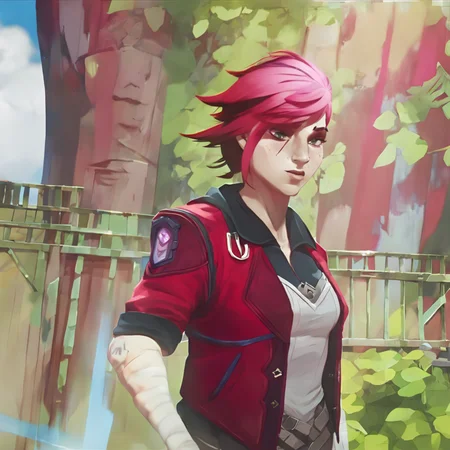 arcane, vi, red hair, light blue eyes, freckles, red jacket, nose piercing, face tattoo, upper body, vi (league of legends), eyebrow scar, sunny, lip cut, ear piercing, bandaged arms <lora:vi:1>