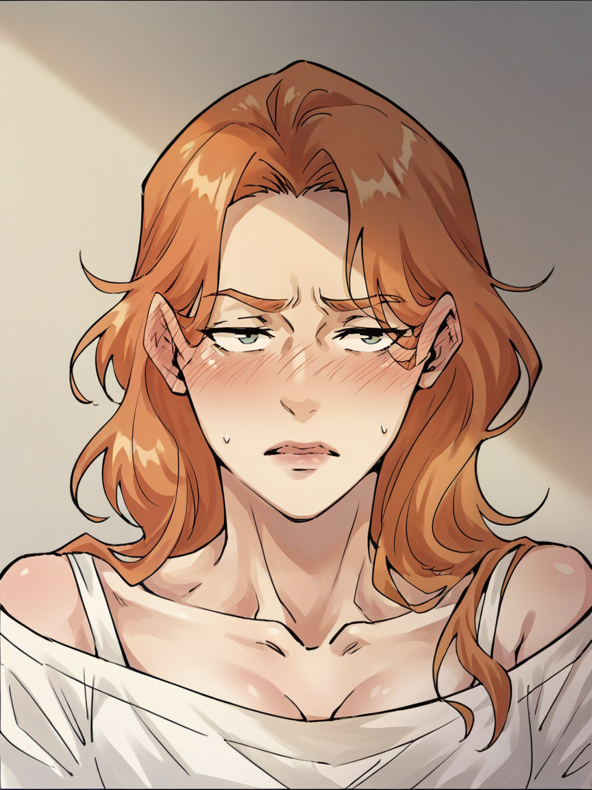 score_9, score_8_up, score_7_up, score_6_up, score_5_up, wthi, 1girl, ginger hair, blush,  <lora:wthiXLP2:0.8>