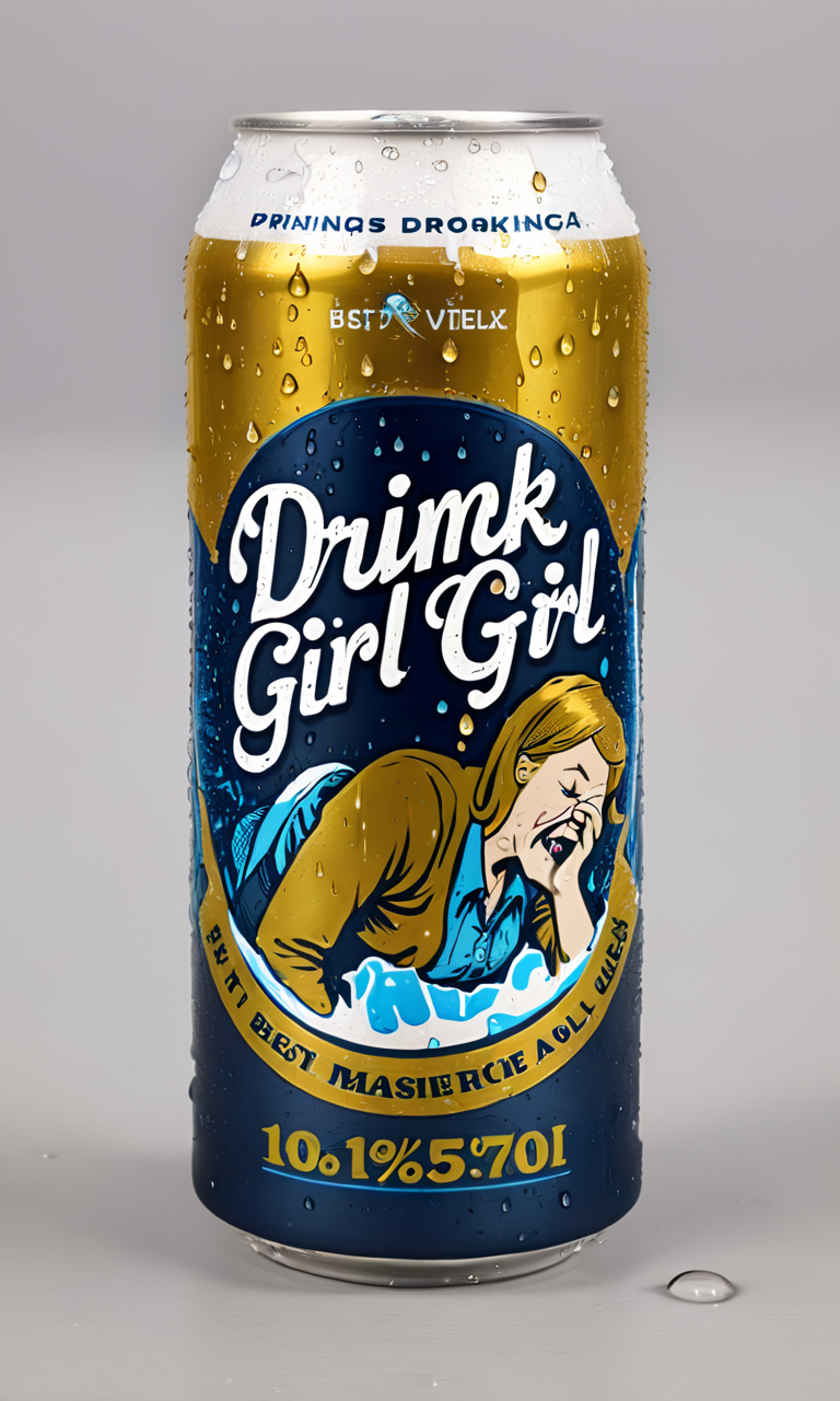 <lora:bevlabsdxl:0.9>,a beer can with a woman puking,  text "Drunk Girl", bevlabsdxl,  best quality, masterpiece, water droplets, logo, fancy beer,