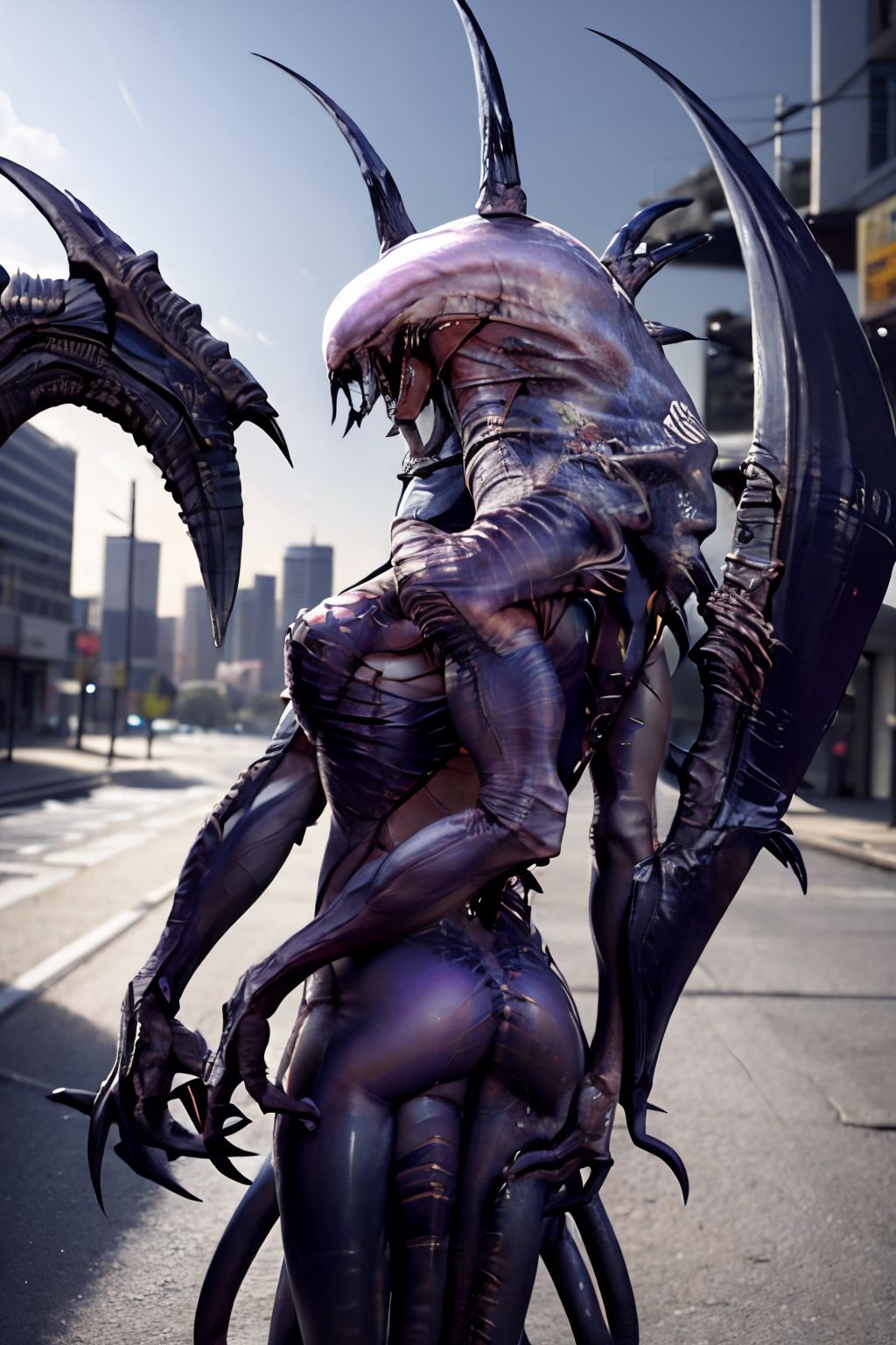 EdobWraithMonsterEvolve, sharp teeth, claws, tentacles, monster, scythe, alien, demon, horror (theme), blade, view from back, city street background (realistic:1.5), <lora:EdobWraithMonsterEvolve_v1.0:1>