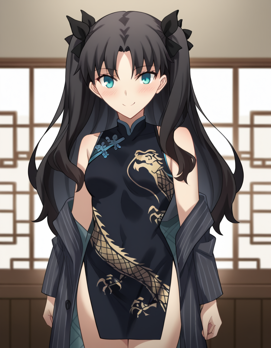 score_9, score_8_up, score_7_up, source_anime, rintohsaka, <lora:rin-tohsaka-ubw-ponyxl-lora-nochekaiser:1>, rin tohsaka, aqua eyes, black hair, hair ribbon, long hair, ribbon, sidelocks, two side up, parted bangs,, <lora:blue-archive-kisaki-cosplay-ponyxl-lora-nochekaiser:1>, blue archive kisaki cosplay, kisaki (blue archive) (cosplay), dragon print, china dress, print dress, chinese clothes, pinstripe jacket, sleeveless turtleneck dress, cosplay, vertical-striped jacket, pinstripe pattern, pelvic curtain, striped coat, grey coat, black dress, sleeveless dress,, indoors, from side, blush, smile,, cowboy shot, looking at viewer