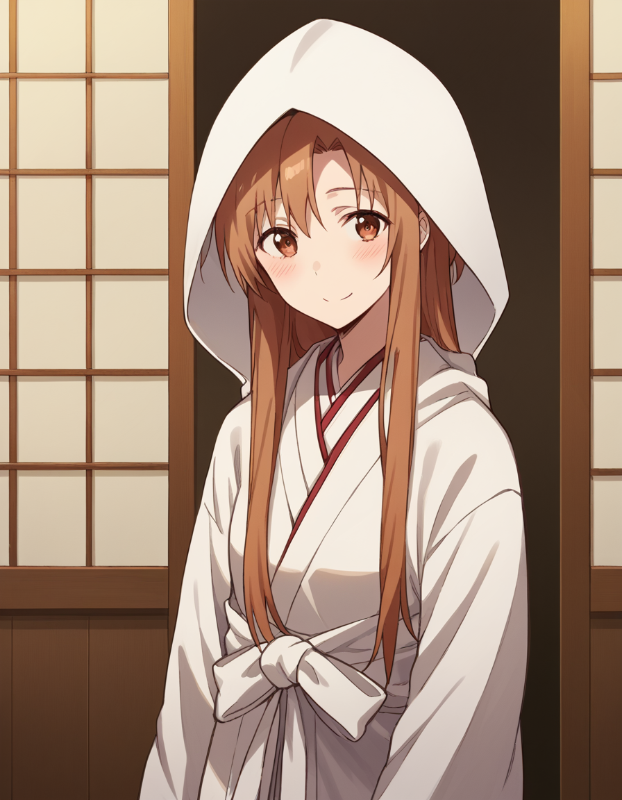 score_9, score_8_up, score_7_up, source_anime, asunayuuki, <lora:asuna-yuuki-s1-ponyxl-lora-nochekaiser:1>, asuna yuuki, long hair, brown hair, brown eyes,, <lora:uchikake-ponyxl-lora-nochekaiser:1>, uchikake, wataboushi, shiromuku, white kimono, hooded kimono, bride, japanese clothes, hood,, indoors, wedding, smile, blush,, cowboy shot, dutch angle, looking at viewer,