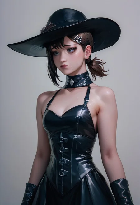 score_9, score_8_up, score_7_up, score_6_up,1girl, kobeni higashiyama, brown hair, ponytail, solo, wide angle, perfect body, slutty, aristo dress, black dress, black hat, feathered hat, long boots, leather black boots, corset, upper body,
