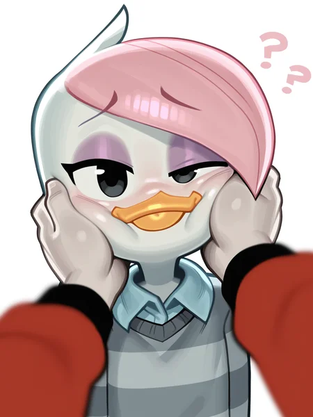 (masterpiece, best quality, very aesthetic, absurdres, artist:wamudraws, shaded, white background, backlighting) (depth of field, blurred foreground:1.3) solo focus, lena \(ducktales\), duck, white skin, blue collared shirt, blep, undershirt, white body, grey sweater, striped sweater, dark clothing, beak, lena sabrewing, (one eye half-closed:1.3), young, headshot portrait, face squish, pov cheek grabbing \(meme\), pink highlights, swept bangs, purple eyeshadow, confused <lora:Wamudraws_Style_Ill:1> <lora:Lena_Sabrewing:0.8>