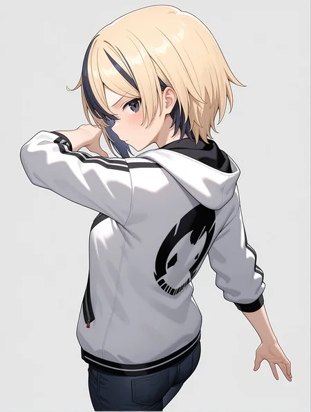 masterpiece,best quality,newest,
1girl,solo,
<lora:Tatsumi_Ryuko_ilxl_v1.0:1>,t_ryuko,short hair,black eyes,blonde hair,black hair,multicolored hair,
c_n,white hooded jacket,open jacket,jacket,denim,
<lora:Fixhands_anime_bdsqlsz_V1:1>,face_focus,looking_at_viewer,open_stance,standing,light_blush,white_background,from behind,from_back,looking_back,