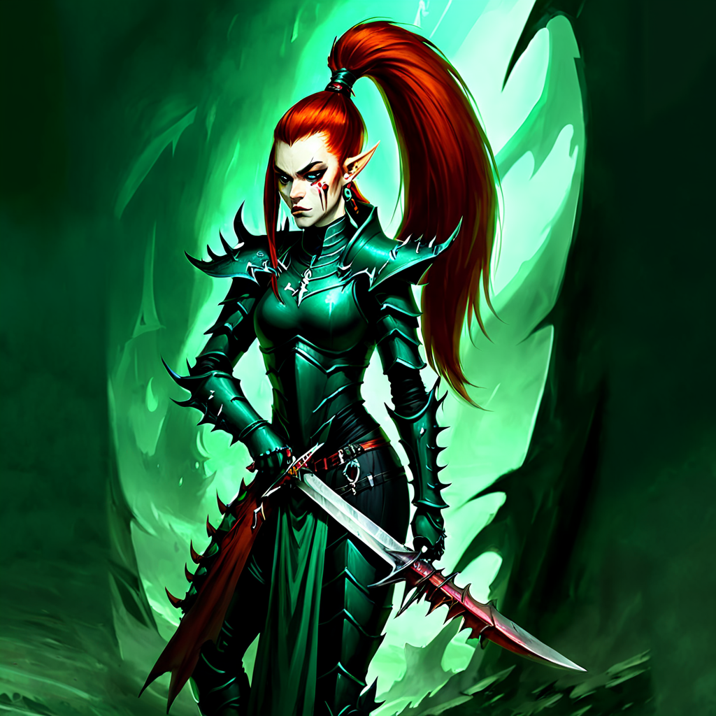 <lora:aeldari_xl_7:1> aeldari, drukhari, standart drukhari, drukhari's armor, 1girl, solo, long hair, hair ornament, ponytail, weapon, red hair, pointy ears, sword, hand on hip,  knife, shoulder armor, pauldrons, breastplate, dagger,  armor