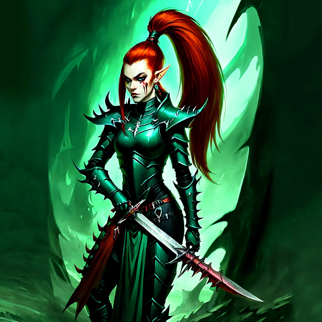<lora:aeldari_xl_7:1> aeldari, drukhari, standart drukhari, drukhari's armor, 1girl, solo, long hair, hair ornament, ponytail, weapon, red hair, pointy ears, sword, hand on hip, knife, shoulder armor, pauldrons, breastplate, dagger, armor