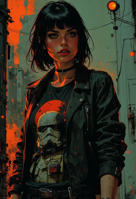 detailed illustration, a cyberpunk goth woman, straight cut bob, bangs, goth-style eyeliner and eyeshadow, make-up, red lips, leather jacket, t-shirt with a star wars stromtrooper print, mythp0rt, directional lighting
