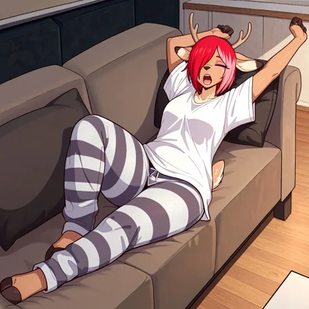 masterpiece, best quality, newest, absurdres, highres, furry, perfect anatomy, A11lie,1girl,solo,furry,furry female,deer ears,short hair,red hair,pink hair,hair over one eye,purple eyes,snout,animal nose,body fur,brown fur,deer tail,hooves, oversized shirt, pajama pants, striped pants, couch, living room, relaxing, sleepy, yawning, stretching, eyes closed,