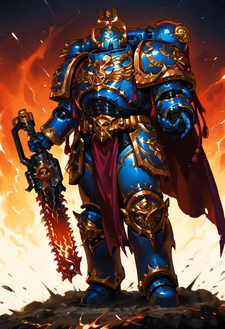 Score_9_up, absurdres, Source: GamesWorkshop, best quality, expressive eyes, perfect face, space marine, Thousand Sons Traitor Astartes Chapter sorceror holding a chainsword, astartes helmet, full body, volumetric lighting project unreal engine, mantisdetailerse, adddetails, GreyK40k, <lora:PeopleCountSliderLoRAv1:2.0>, <lora:warhammerAdeptus_v1:0.7>,
