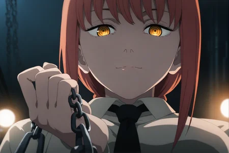 (foreshortening:1.358),(grab the chain:1.4),pov,hand up,chain from viewer,low angle,
very awa,masterpiece,best quality,newest,highres,absurdres,street light,(Top light),
1girl,makima \(chainsaw man\),solo,shirt,looking at viewer,necktie,short hair,collared shirt,formal,bangs,white shirt,closed mouth,medium hair,serious,closed mouth,Posterize,red hair,braid,yellow eyes,evil smile,
<lora:Chainsaw man animation style-NOOB05-lokr:0.8>,