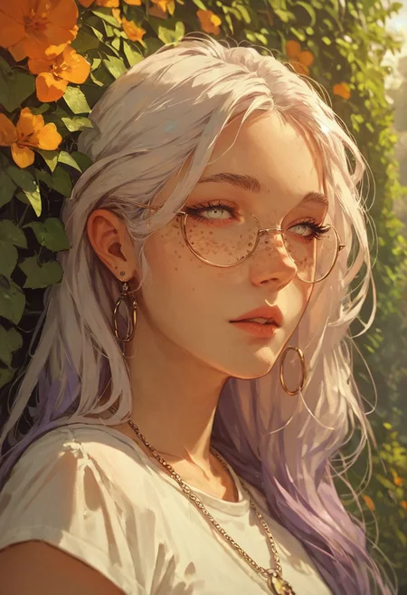 (((score_9, score_8_up, score_8))), ((masterpiece, highly detailed)), A woman sit on a bench at park, public park, sunlight), 1girls, fair skin, light gray eyes, long hair, white hair, purple hair strands, white t-shirt, freckled skin, elegant face, full color picture, graphic design, beautiful woman,