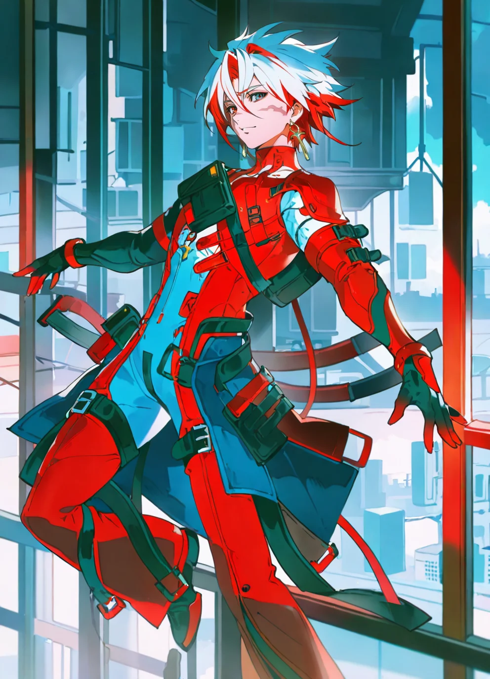 1boy,solo,masterpiece,best quality,amazing quality,minaba hideo,rei \(sanbonzakura\),mika pikazo,[alchemaniac],[[yoneyama mai]],
full body,city scenery outside the window,rooftop,belt
<lora:ScarLoraNoob:1>,scar_(wuthering_waves),1boy,male focus,short hair,earrings,red hair,multicolored hair,white hair,bodysuit,grey bodysuit,gloves,official alternate costume,scar on face,grey eyes,red eyes,