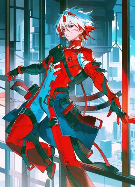 1boy,solo,masterpiece,best quality,amazing quality,minaba hideo,rei \(sanbonzakura\),mika pikazo,[alchemaniac],[[yoneyama mai]],
full body,city scenery outside the window,rooftop,belt
<lora:ScarLoraNoob:1>,scar_(wuthering_waves),1boy,male focus,short hair,earrings,red hair,multicolored hair,white hair,bodysuit,grey bodysuit,gloves,official alternate costume,scar on face,grey eyes,red eyes,