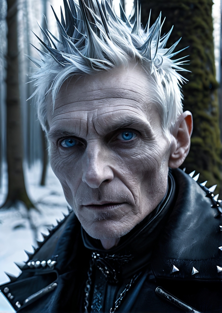 Photo of Judders, wearing a frozen black leather coat, in a frozen winter woodland, (detailed beautiful face, detailed, ultra-detailed body:1.1),best quality,photo-realistic,highly detailed,absurdres,cinematic lighting,hyper-realistic,sharp focus,32k resolution,detailxl,SimplePositiveXLv2,
