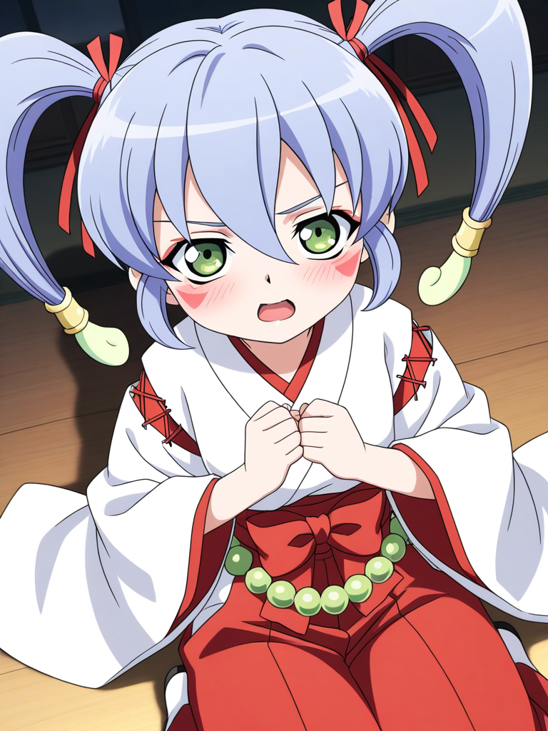 general,highres, ultra-detailed,very aesthetic,best quality ,best hands, BREAK <lora:Nazuna_Onmyou_Taisenki_Ver2.0_IS:0.8>Nazuna, long hair,
1girl, solo, japanese clothes, miko, green eyes, red hakama, long hair, skirt, open mouth, hakama, blue hair, blush, hakama skirt, long sleeves, facial mark,
red triangle facial mark, hair between eyes,white kimono,cross-laced sleeves,long sleeves, wide sleeves, red hakama pants, red layered waist bow, yellow waist beads,