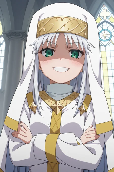 score_9, score_8_up, score_7_up, source_anime, 1girl, prefect lighting, very aesthetic, intricate details, highly detailed background, masterpiece, high quality, prefect hands, best quality, solo,
<lora:Index_Librorum_Prohibitorum_A_Certain_Magical_Index_V1:.85>, KJOindex, white hair, green eyes, 
nun, nun headdress, gold trim, safety pins,
From below, upper body, :3, heavy blush, crossed arms, smug, looking at viewer, evil grin, shaded face, 
church, white pillars, giant window, 
(Beautiful, small Breasts:1.2), natural breasts,
