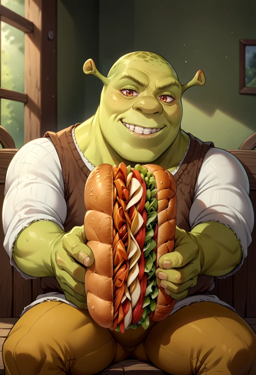 score_9, score_8_up, source_anime, shrek, green skin, <lora:Shrek_XLPD:1>, <lora:EatfreshPDXL:1>, eatfresh, , freshcock, sandwich, smirk, sitting, holding sandwich,