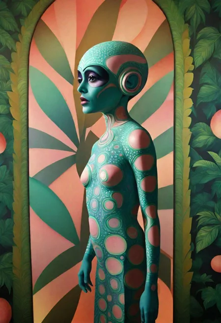 Science fiction Cinematic still, reflected light, Brazilian actress Julcila Telles in modernist tropical rainforest home, watermelon wallpaper by Pucci, 1970s science fiction retrofuturism