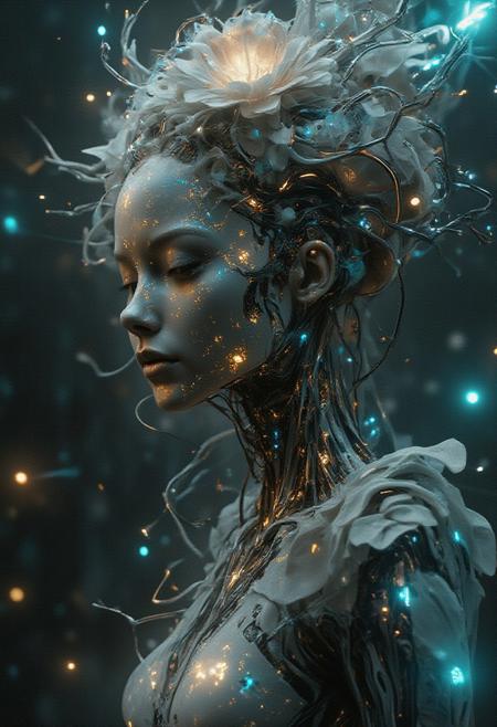 Abstract Lighting Effects, Hyperrealism, Midjourney Style, Photorealism, Cinematic, High Fidelity, Realism, Light Play,
analog style, smooth soft skin, close-up beautiful fractal flower decorated with snow-white Japanese empress beautiful body, science fiction, futuristic, utopian, machine parts, body parts, wires, circuits, high detail, octane rendering, cinematic, Ayami Kojima, Karol Bak, Greg Hildebrandt and Mark Brooks, hauntingly surreal, gothic, highly detailed and intricate, rich deep colors., science fiction, intricate artistic masterpiece, ominous, matte film poster, golden ratio, trending cgsociety, twisted, epic, trending on artstation, author artgerm, ch.r. Giger and Beksinski, science fiction, intricate art masterpiece, sinister, matte painting movie poster, golden ratio, trending cgsociety, intricate, epic, trending on artstation, by artgerm, h. R. Giger and Beksinski, highly detailed, vibrant, cinematic character rendering, ultra-high quality model