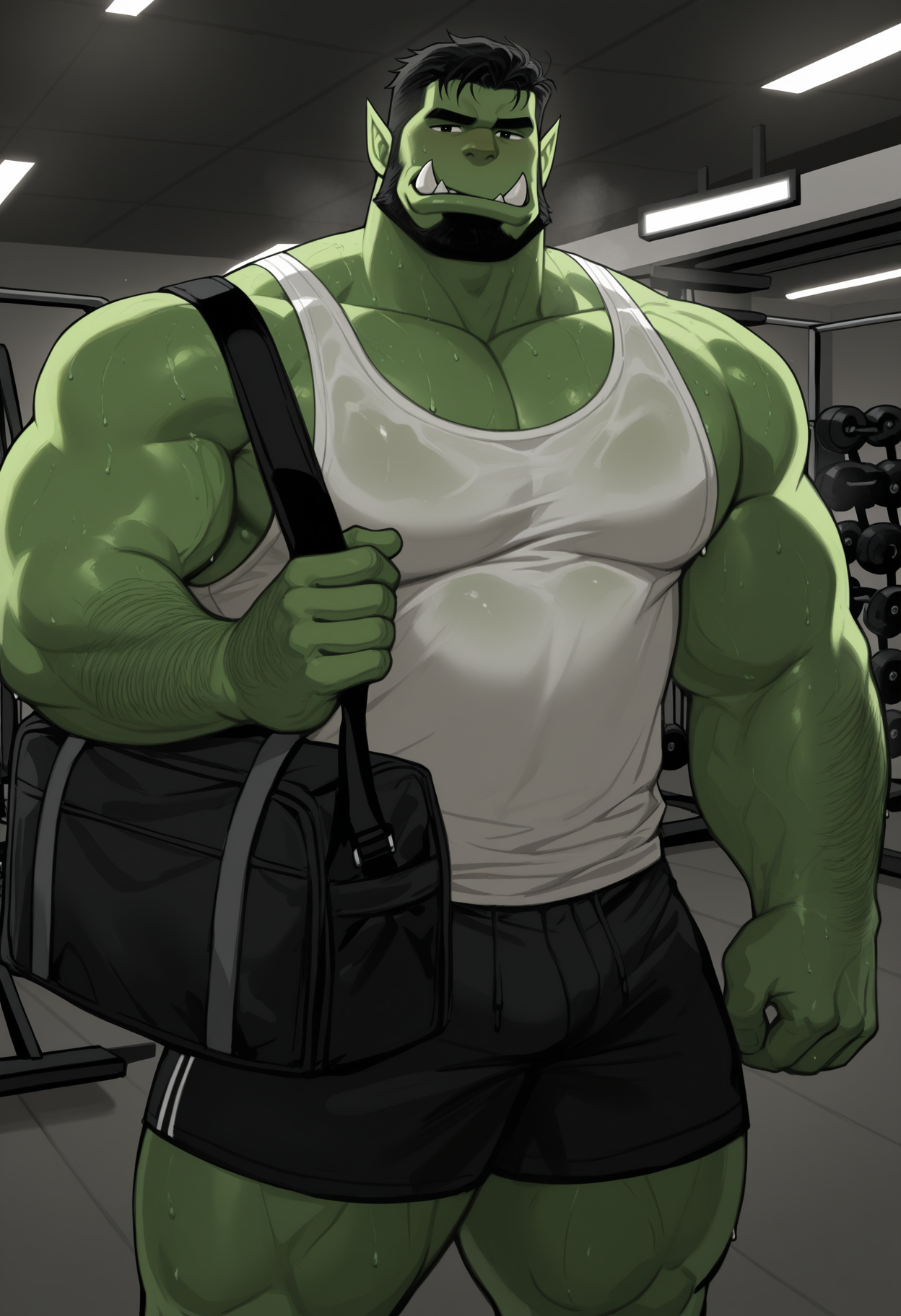d0p3y, solo, 1boy, male focus, bara, indoors, orc, green skin, tusks, smirking at viewer, gym, white tanktop, short, hairy, sweaty, holding sportbag, muscular, huge pecs, broad shoulders, thick thighs, after exercise,
perfect anatomy, masterpiece, perfect quality, best quality, detailed, newest, very aesthetic    <lora:Dopey_Style_V1_ILXL:1.0000000000000002>
