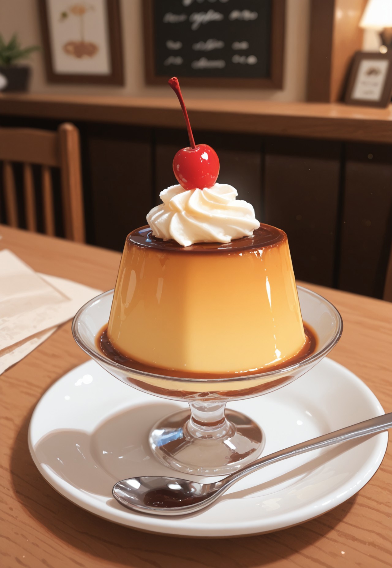 masterwork, masterpiece, best quality, very aesthetic, absurdres, newest, huge filesize, hires, highres, supper fine illustration, very awa, detailed, hdr, blurry background, anime screenshot, 
food focus, no humans, 
retroprin, pudding, spoon, cherry, whipped cream, syrup, still life, shadows, cafe background, coffee, paper napkin, 
japanese cafe, "kissaten", , ambient lighting, wood texture, minimalist decor, cozy, modern, branded menu boards, 