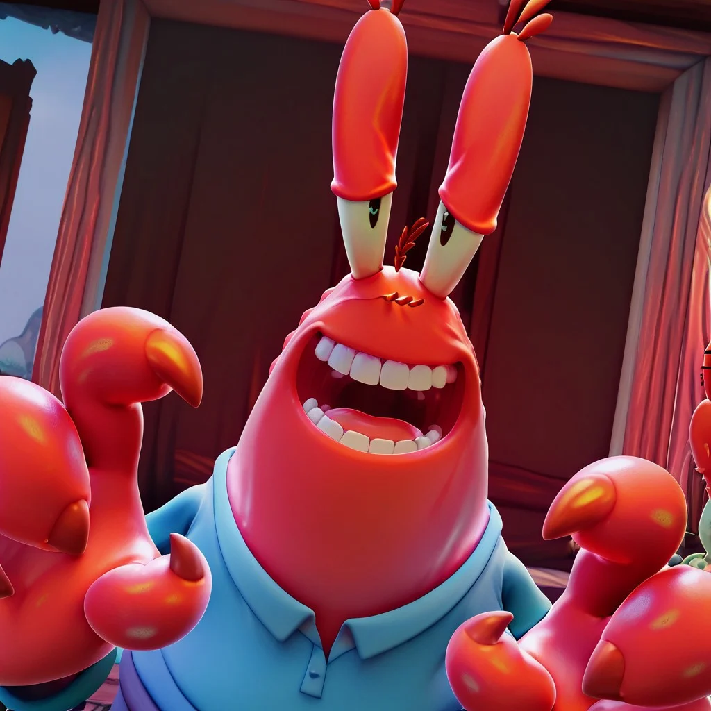 masterpiece, best quality, amazing quality, Mr_krabs, red skin, claws, blue shirt, , Male, good shading, face focus, looking at viewer, grin, smile, open mouth, scream, teeth, 3d