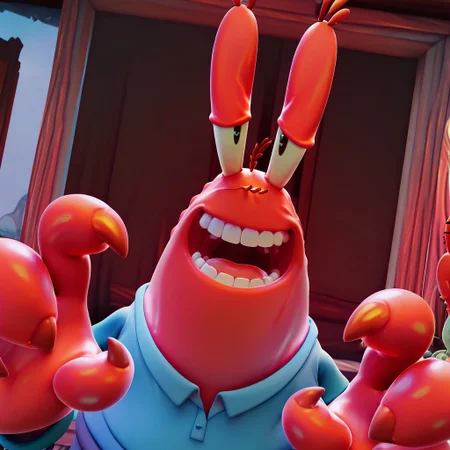 masterpiece, best quality, amazing quality, Mr_krabs, red skin, claws, blue shirt, , Male, good shading, face focus, looking at viewer, grin, smile, open mouth, scream, teeth, 3d