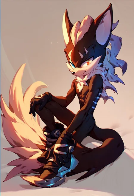 score_9, score_8_up, score_7_up, score_6_up, Zero the jackal, tail, heterochromia, gloves, boost, male, solo, looking at viewer, skinny, slight abs, Dynamic pose