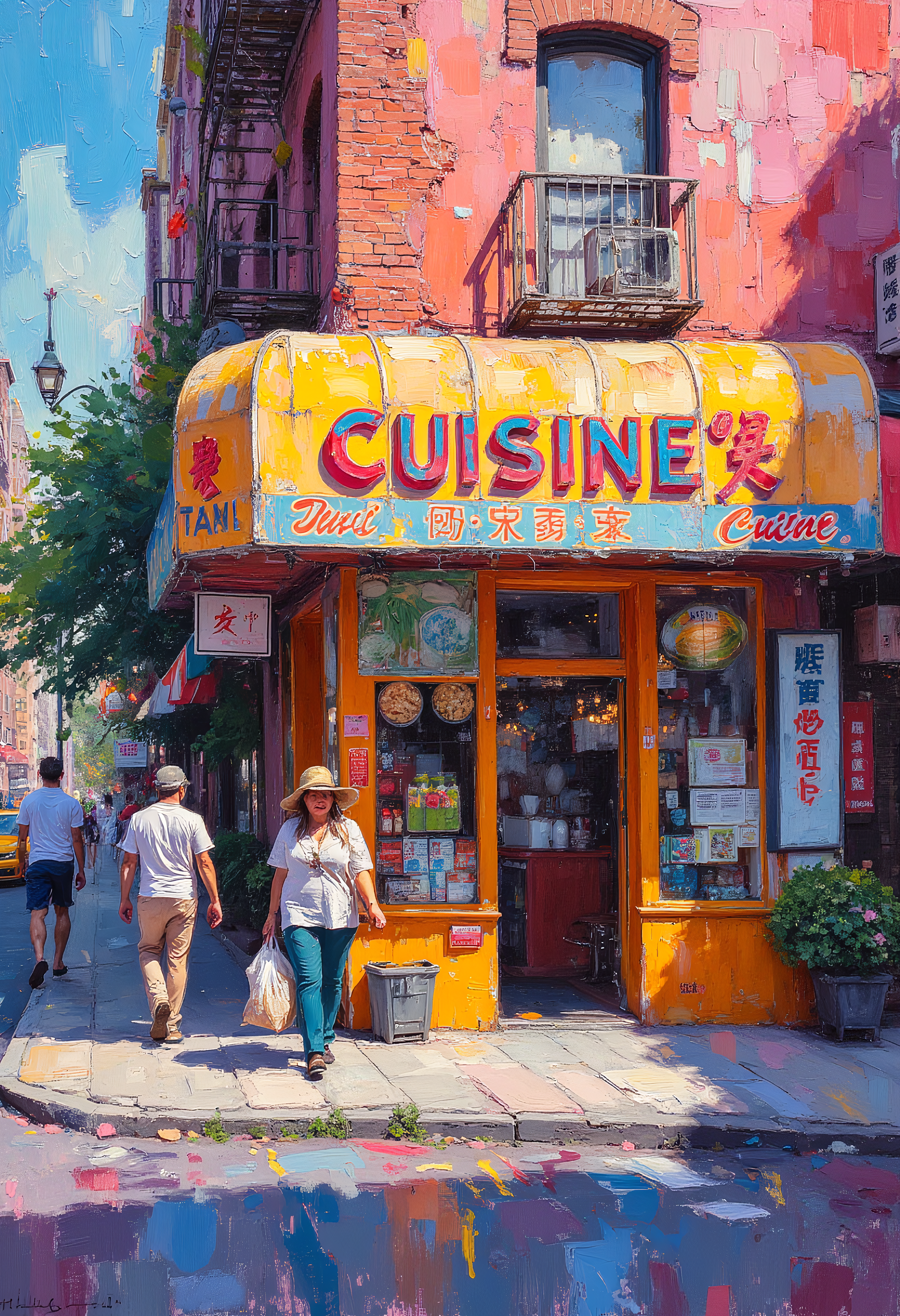 Impasto Painting, A woman  holding bag of Chinese food walking in front of a Chinese Fast-food shop named "Chinese Cuisine" on a hot summer afternoon, a taxi, people walking, in the Bronx, colorful, contrasting colors, award winning painting, vibrant glow